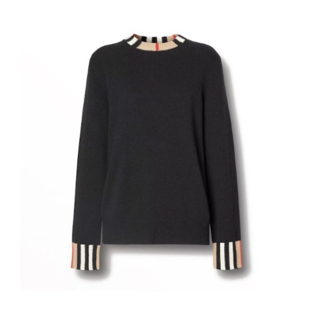 BURBERRY Icon Stripe EYRE Sweater black  in 100%  Cashmere M Check Trim LARGE